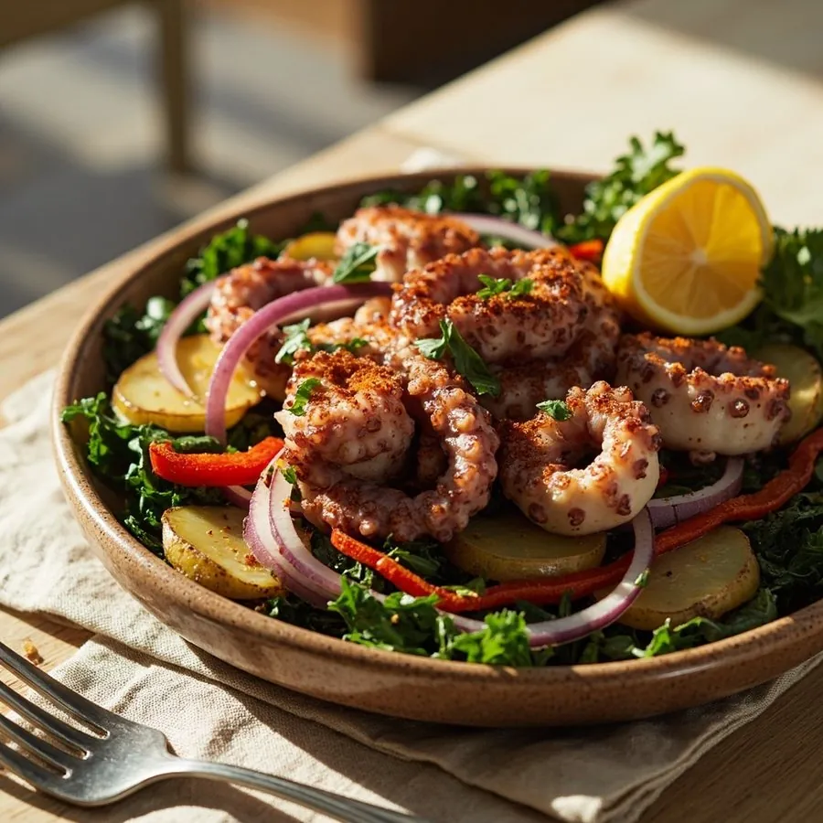 Ensalada tibia de pulpo con patata, kale y pimentón