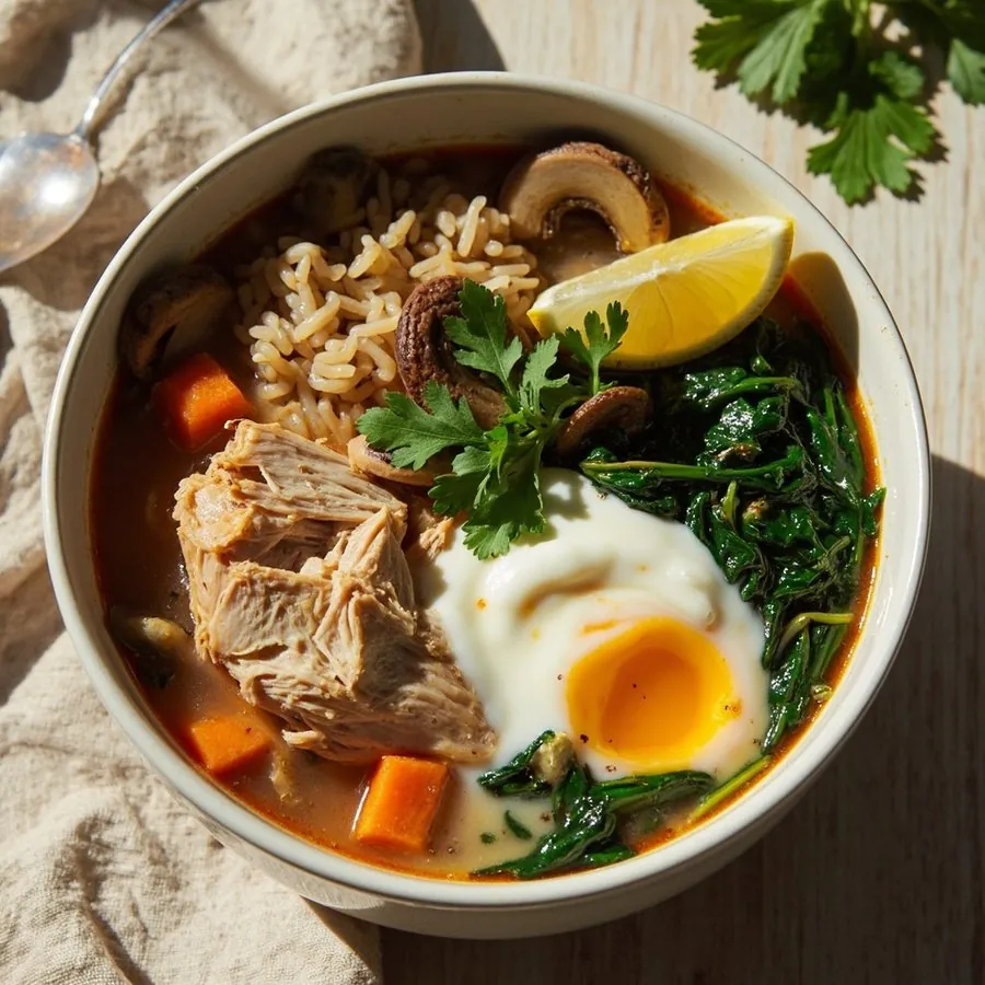 Caldo de pollo con jengibre, manzana y coco