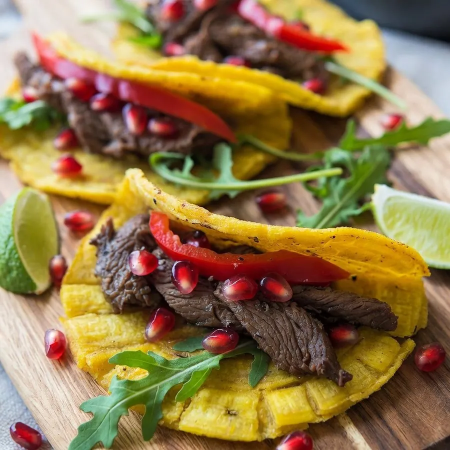 Tacos de plátano macho con ternera marinada y granada