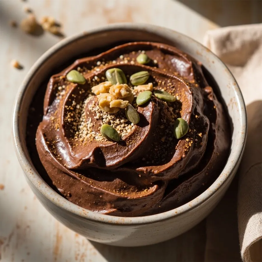 Mousse de cacao y aguacate con nueces