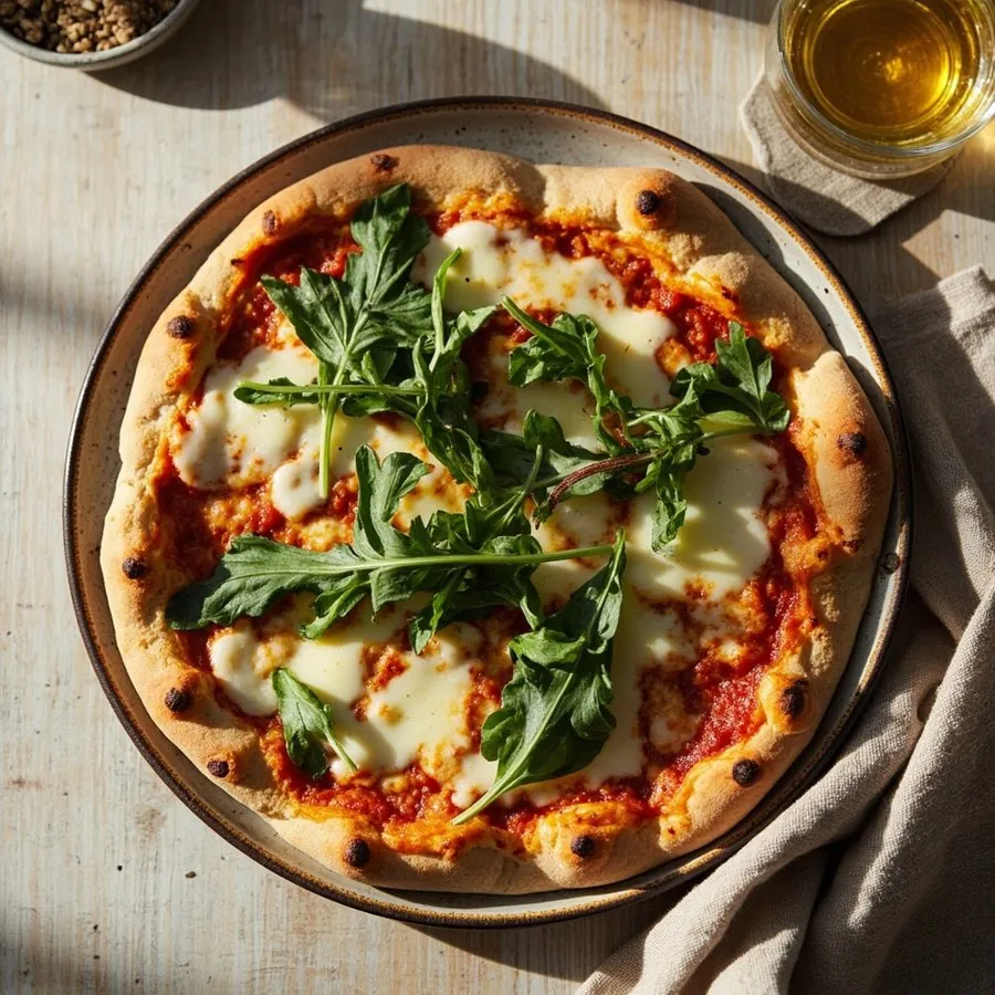 Pizza de base de pollo con tomate, mozzarella y rúcula